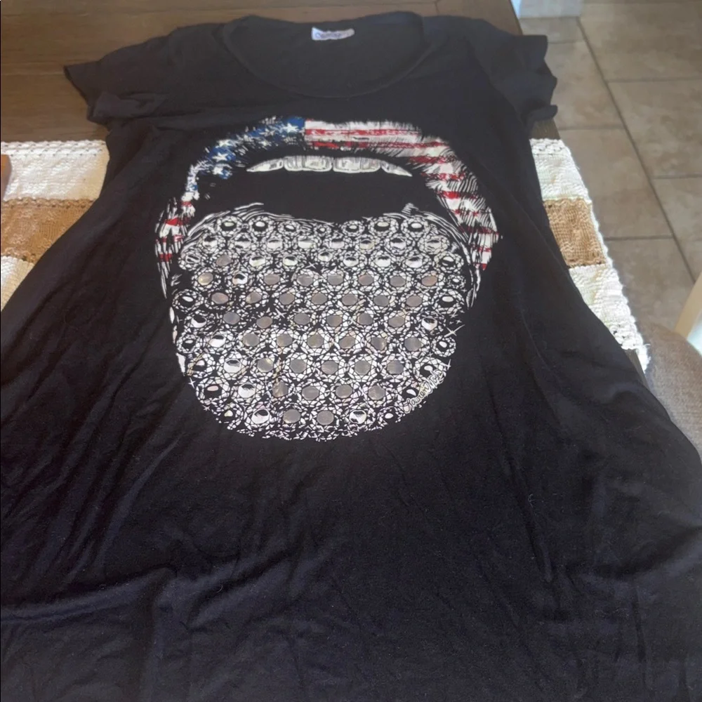 Stars & Stripes Lips Diamond TONGUE TEE LAUREN MOSHI Shirt Dress Black - flaw - Picture 2 of 12